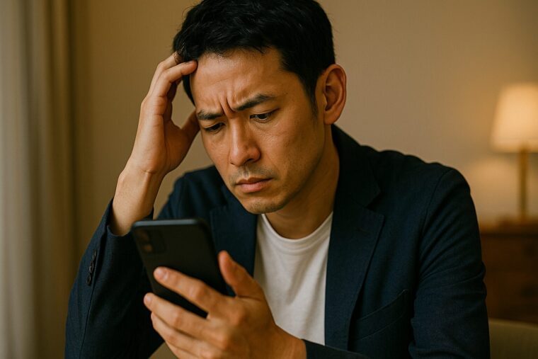 スマホを見て悩む男性
