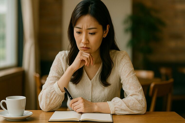 ノートを見ながら悩む女性