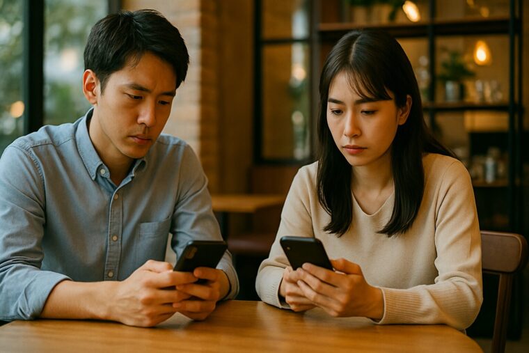 カフェでスマホを操作する男女