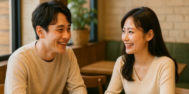 カフェで談笑する男女