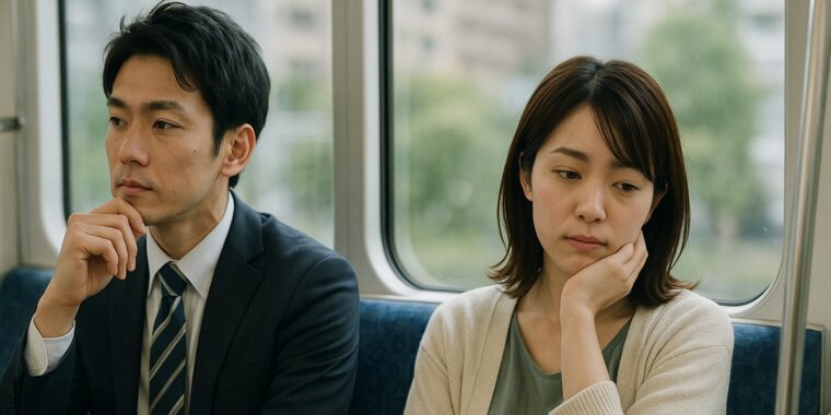 電車で悩む男女